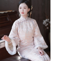 ( listen to rain)2023 warm cheongsam new Chinese dress winter cheongsam flannelette thick fabric cotton dress