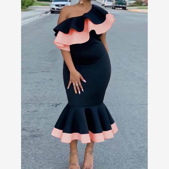 European and American large -size shoulder -back exposed ruffled border banquet parties fishtail skirt women's Sexy Party Dress