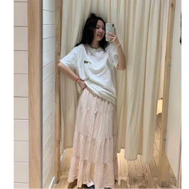 Brandy BM new apricot pink sweet long skirt BM lace -up skirt hanging sense cake skirt nadia skirt