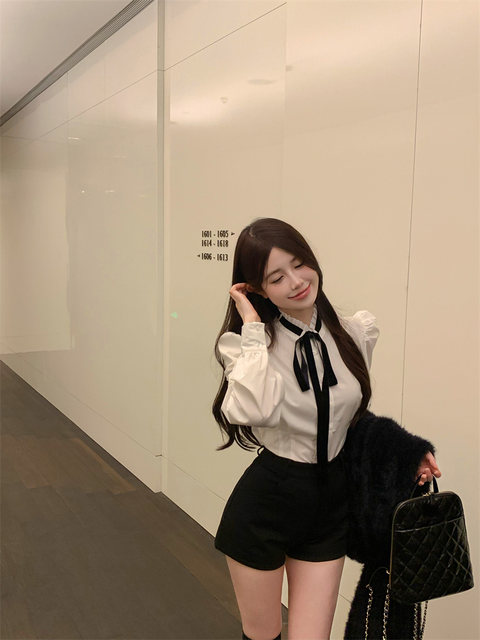 French stand-up collar white long-sleeved shirt for women in autumn and winter waist-hugging unique slim fit and slim shirt design niche top
