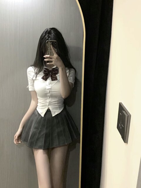 Summer jk uniform waist shirt women's top short-sleeved college style slim white shirt hot girl skirt suit
