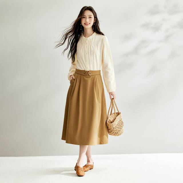 Inman pure cotton fashion retro A-line skirt for women 2024 summer high waist slim elastic waist commuter skirt umbrella skirt