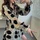 Design sensory folds, loose waist, long waist, long top, female covered buttocks, beautiful printed shirt horn sleeve shirt