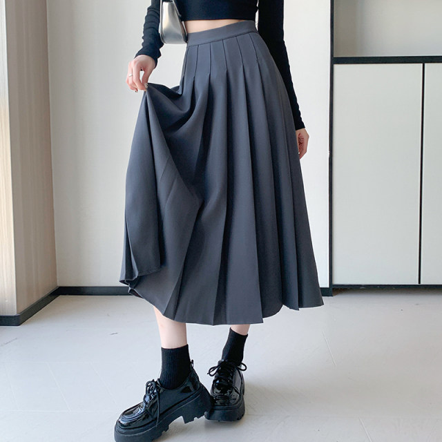 Gray pleated skirt women's long skirt summer 2023 new high-waisted slim spring and autumn skirt small a-line umbrella skirt