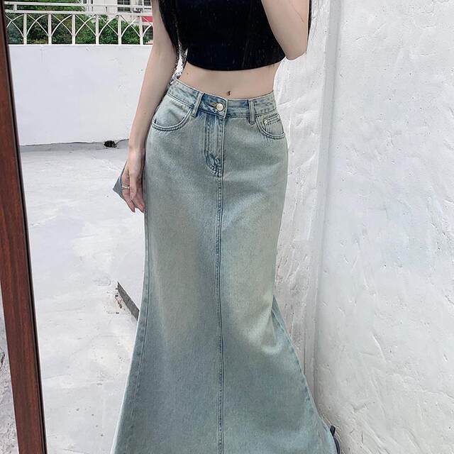 Kumikumi retro water washing blue as old denim skirt 2024 early autumn high waist split straight straight skirt