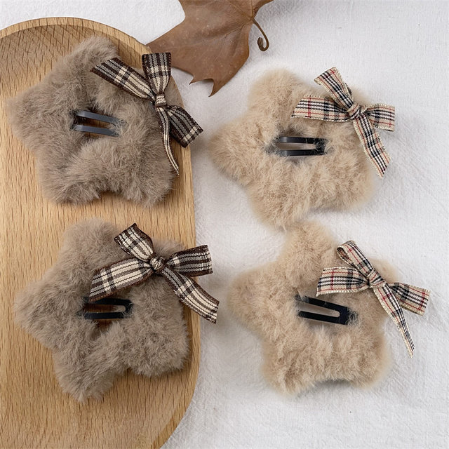 Bow plush pentagram Star hair clip female front bangs bangs clip the back brain broken hair BB headgear winter female
