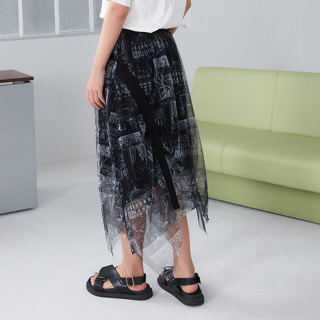 PATAVINITY summer hem asymmetric printed mesh skirt women's clothing 8F3231018
