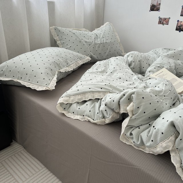 Girls ins small fresh polka dot blue washed cotton bed sheets four-piece set lace cotton quilt cover pure cotton three-piece set 1.5