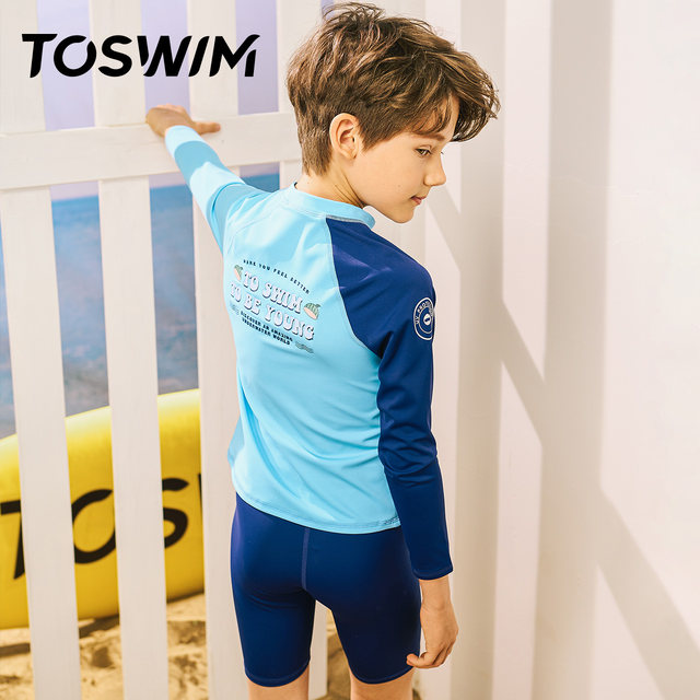 TOSWIM swimsuit boys split long -sleeved warm men's middle school children sunscreen fast dry swimming trunks cute swimsuit

