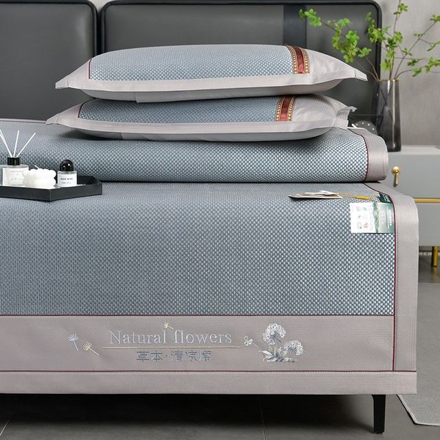 Category A maternal and infant thickened ice silk rattan mat three-piece set flat-laying mat strapped summer washable folding cooling mat