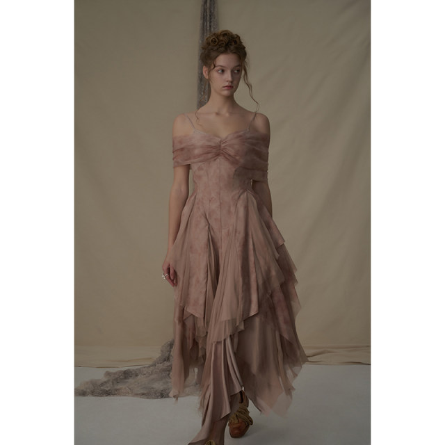 Elywood lotus root powder one-length suspender dress irregular waist-hugging vacation long skirt temperament celebrity versatile skirt
