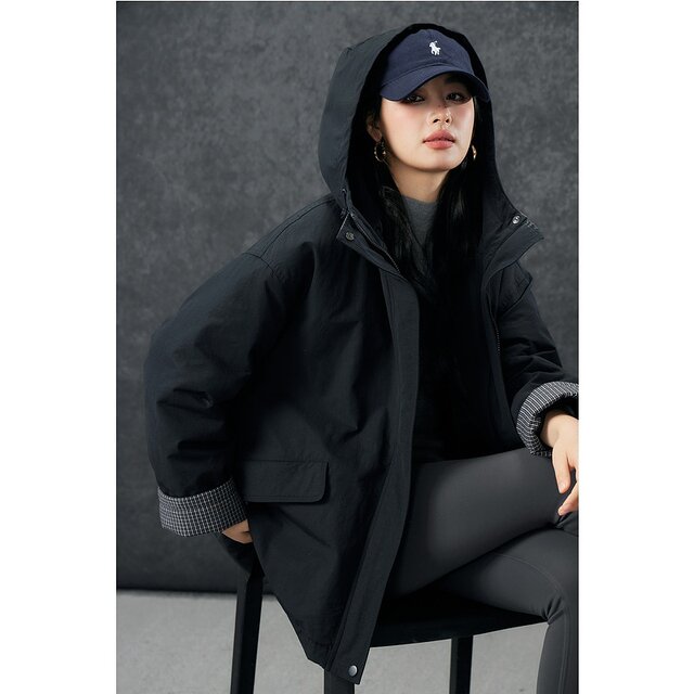 Basic House/Baijiahao hooded workwear down jacket plaid splicing loose blazer jacket to keep warm in winter