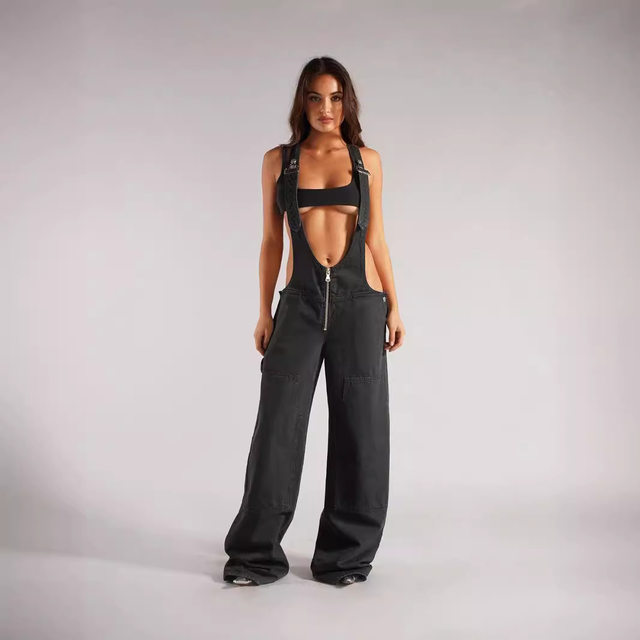 European and American Amazon cross-border zipper denim overalls for women's autumn loose casual pocket wide-leg trousers for women
