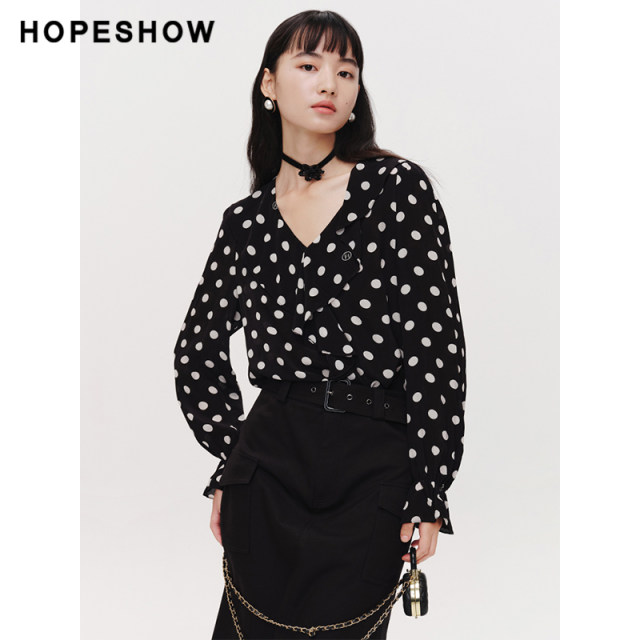 Red Sleeve 2024 Spring New Women's Polka Dot Printed V-neck Pullover Top
