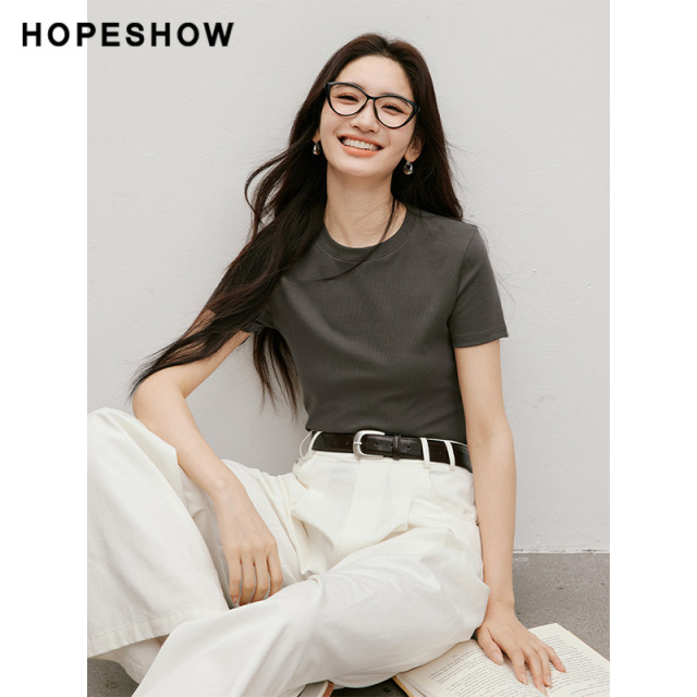 Red Sleeve 2025 Spring New Women's Solid Color Forward-Shoulder Round Neck Pull-Up T-Shirt
