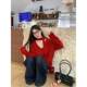 Red retro Christmas design long-sleeved V-neck sweater for women in spring loose lazy style soft glutinous sweater top