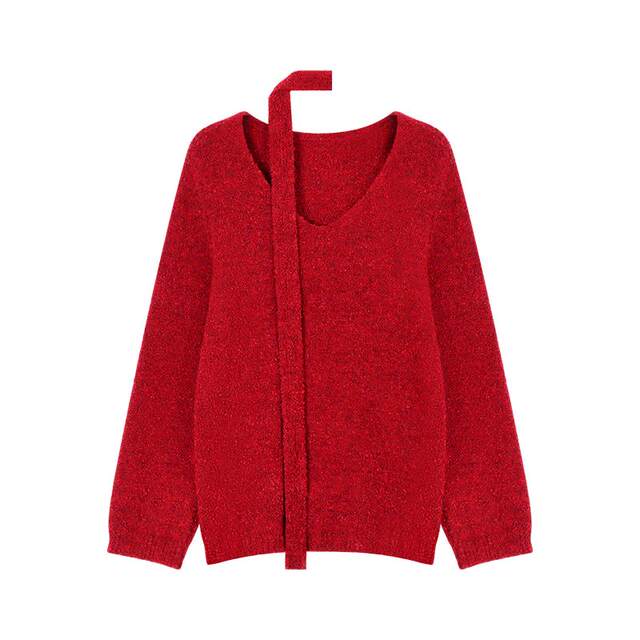Red retro Christmas design long-sleeved V-neck sweater for women in spring loose lazy style soft glutinous sweater top