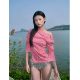 Red plaid slanted shoulder mid-sleeved shirt for women 2025 summer new plaid shirt slim waist-hugging top