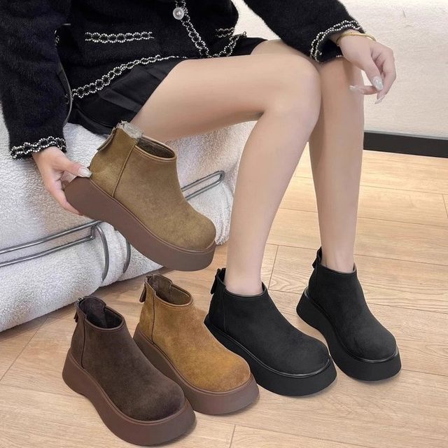 
Thick sole winter snow boots for women 2025 new round toe plus velvet short boots platform back zipper British style cotton shoes