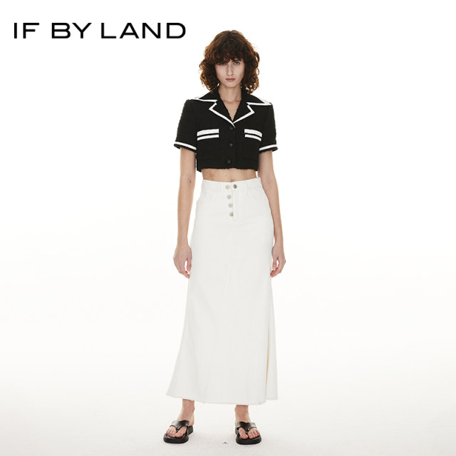 IF BY LAND Spring and Summer White Blue Button Decorated Fishtail Long Skirt