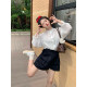 Fan Wenwen Lily Holiday French lace lace flared sleeve shirt for women in summer sweet stand collar white top