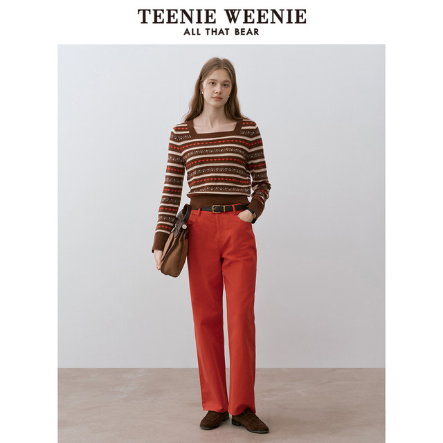 TeenieWeenie Bear Women's Sweater Winter Square Neck Contrast Color Jacquard Hollow Retro Casual Fashion Top
