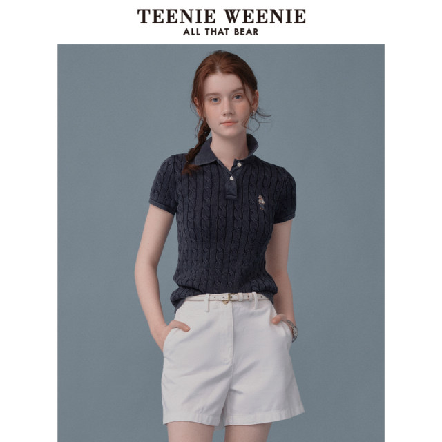 Teenieweenie Women's sweater 2025 spring and summer new twisted texture, light luxury short sleeve POLO shirt