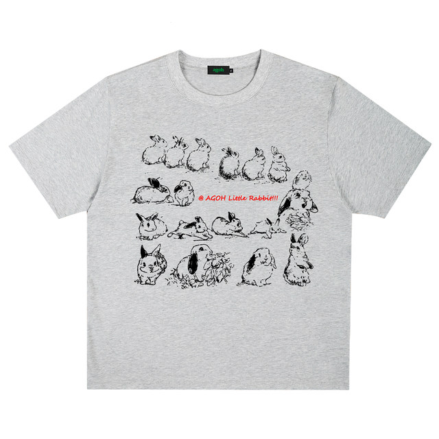 AGOH original hand -painted rabbit pattern casual loose couple round neck short -sleeved daily versatile gray T -shirt top