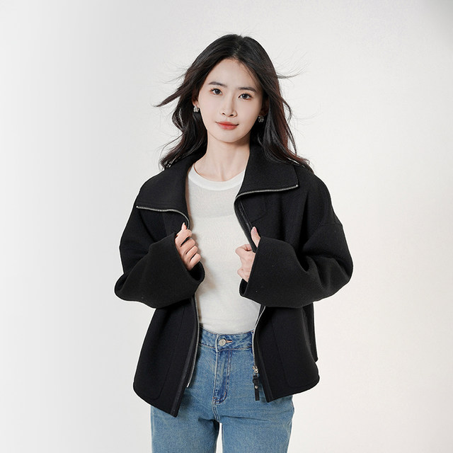 Patner Spring New Women's Camel Velvet Silk Coat Large Lapel Woolen Jacket Zipper Short Woolen Jacket