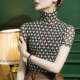 2025 autumn new high-neck mesh base shirt for women plaid short-sleeved gold-hot stamping fashionable printed spring and autumn inner top
