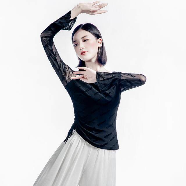 Letter flocking black translucent lace dance top for women with one-length collar 2025 Spring Festival flared sleeve drawstring training suit
