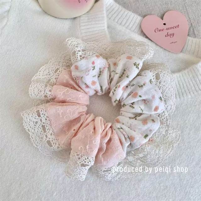 Sweet pink bow lace head rope hair rope Korean girl lace floral large intestine cute hair loop hair accessories