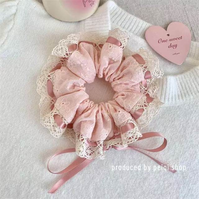 Sweet pink bow lace head rope hair rope Korean girl lace floral large intestine cute hair loop hair accessories
