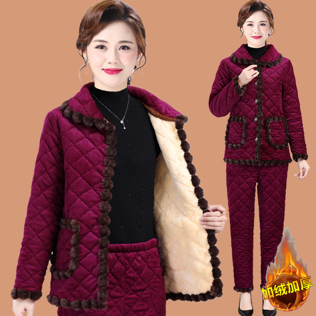 
Mom's winter clothes plus velvet thickened cotton jacket corduroy suit middle-aged and elderly women's warm home cotton jacket and cotton pants two-piece set