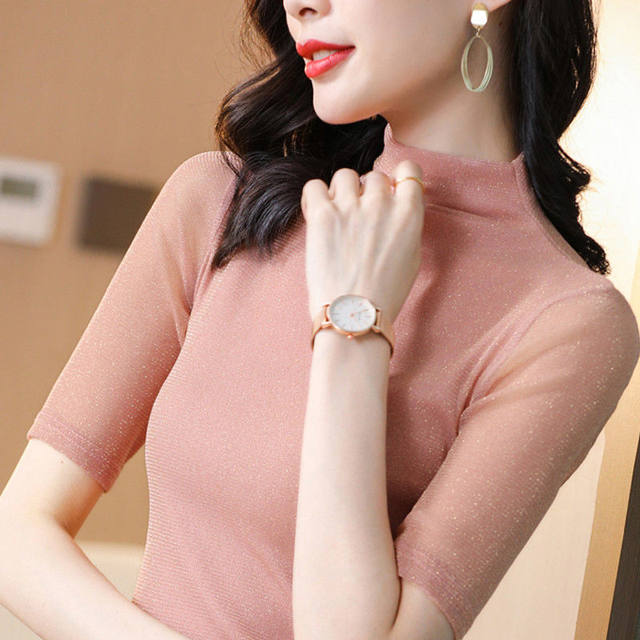 2024 summer new gray mesh base shirt slim fit inside large size bright silk half turtle neck mid-sleeved shirt women's top