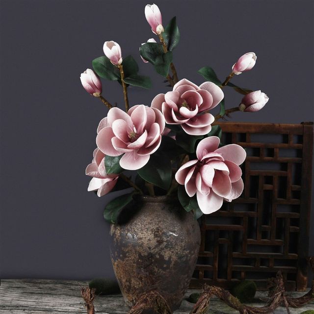 4 PU Magnolia Tree High -quality Simulation Flower Simulation Magnolia New Chinese Home Decoration Fake Gardening Green Plant
