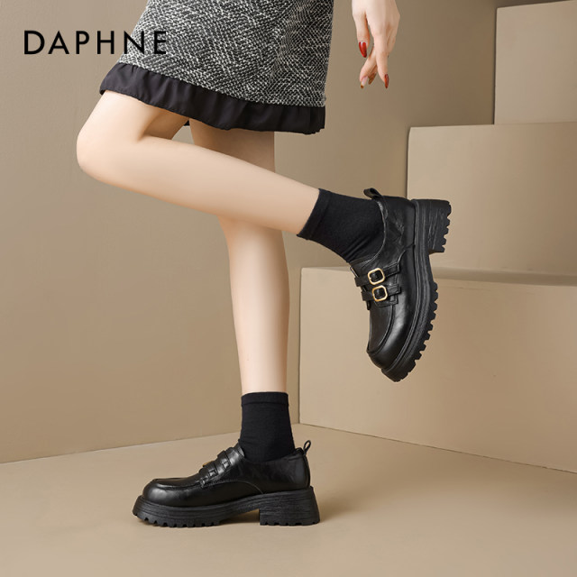 Daphne British style black loafers for women 2025 new thick-soled thick heels to enhance spring leather shoes without tiring