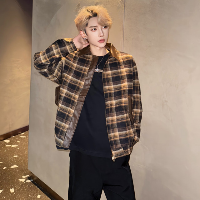 Maillard Coffee Color Small Fragrance Style Checked Jacket Men's Autumn Wear American Style Spliced ​​Short Jacket Lapel Top