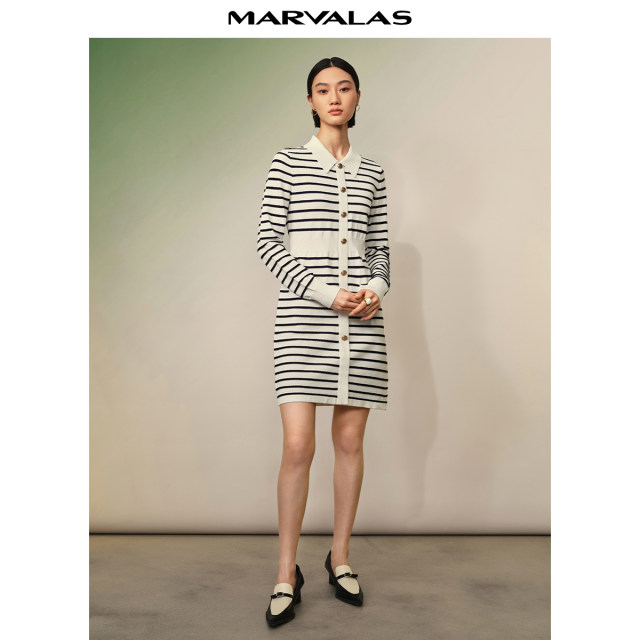 Mandes French Little Flavor Polo Collar Dress 2025 Autumn New Long Sleeve Black and White Striped Mid-Long Skirt