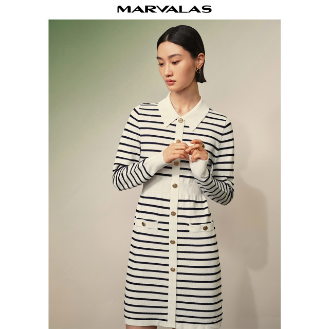 Mandes French Little Flavor Polo Collar Dress 2025 Autumn New Long Sleeve Black and White Striped Mid-Long Skirt