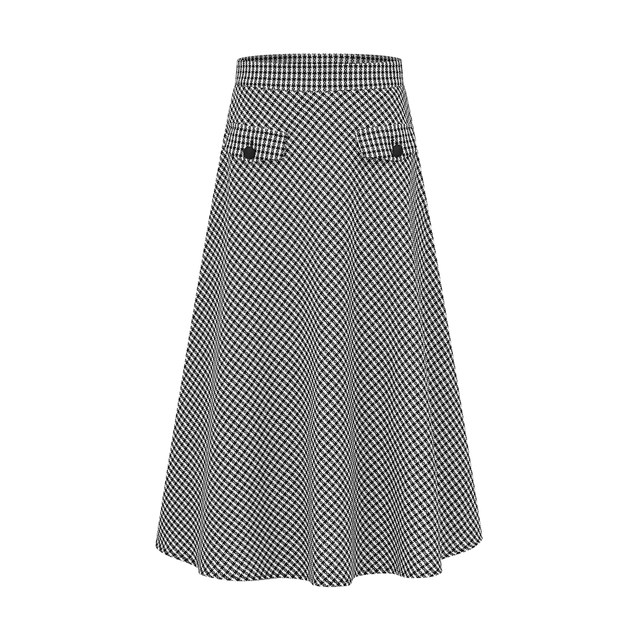 Mandes retro black and white plaid skirt 2025 spring and autumn new high-waist worsted wool classic A-spoke skirt