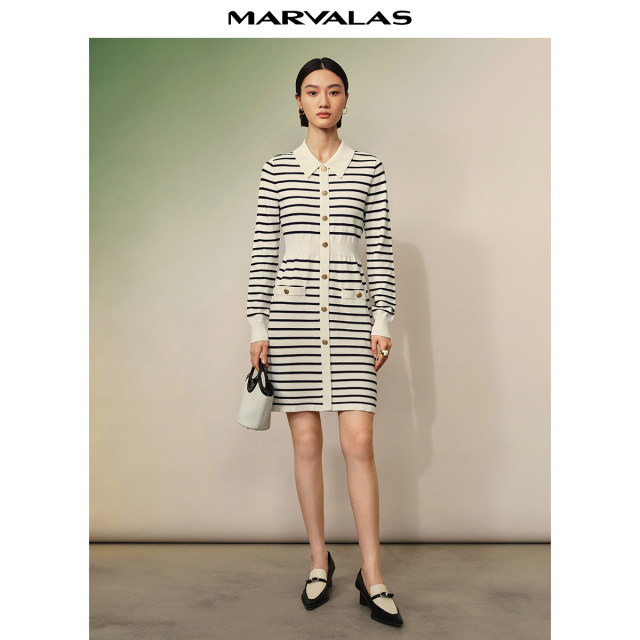 Mandes French Little Flavor Polo Collar Dress 2025 Autumn New Long Sleeve Black and White Striped Mid-Long Skirt