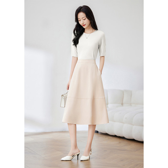 Poetry about high-waisted splicing mid-length skirt in spring new slim and elegant elegant umbrella skirt women's skirt
