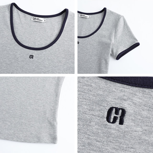 GROVE 25SS Spring and summer new contrasting color large round neck slim short-sleeved T-shirt GCM5TS07