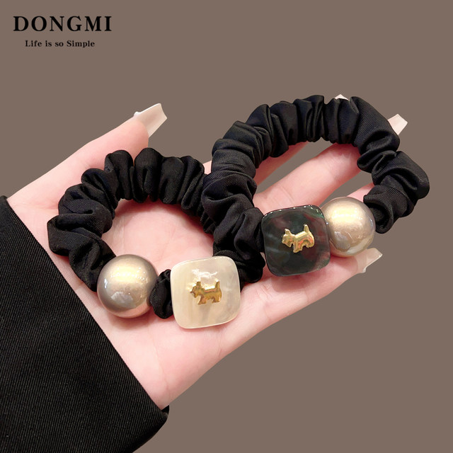 French high-end puppy pearl headband for women 2025 new style simple high elastic hair tie with ponytail rubber band