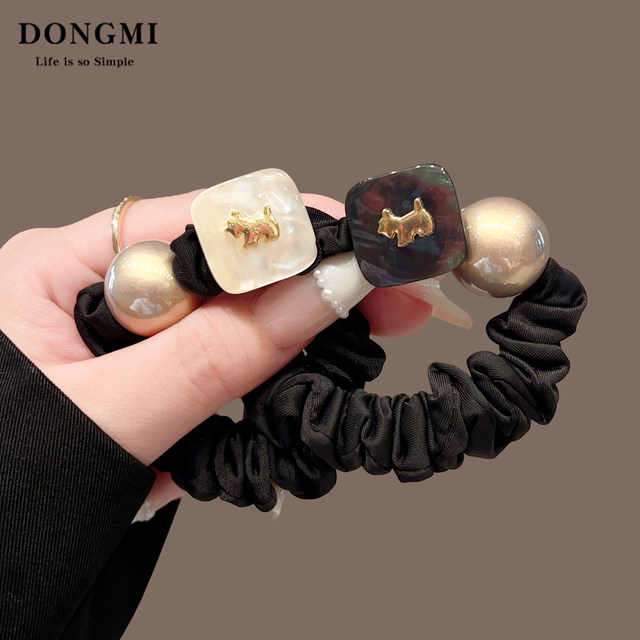 French high-end puppy pearl headband for women 2025 new style simple high elastic hair tie with ponytail rubber band