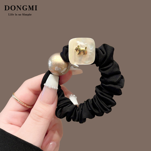 French high-end puppy pearl headband for women 2025 new style simple high elastic hair tie with ponytail rubber band