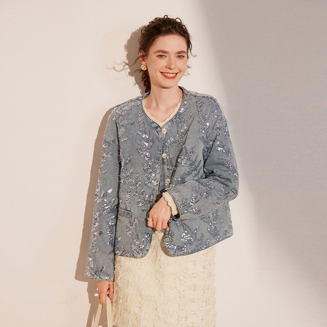White Deer Fashionable denim sequins embroidered down jacket 2024 winter new elegant round collar single -breasted down jacket female
