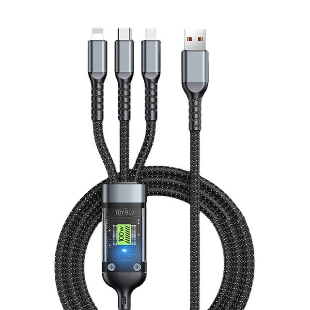 100W super fast charging three-in-one charging cable 6A suitable for Apple and Huawei Android mobile phones, one-to-three data cables, transparent chip type-c with light
