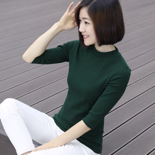 Black 7-quarter sleeve top T-shirt mid-collar half-v turtleneck base shirt fashionable large size slim mid-sleeved pure cotton T-shirt for women
